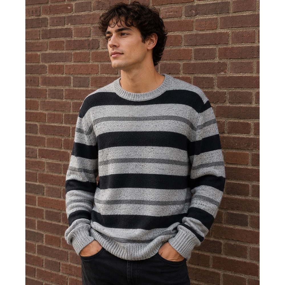 Goodfellow & Co Gray Black Striped Crewneck Sweater Large Cozy Soft Knit